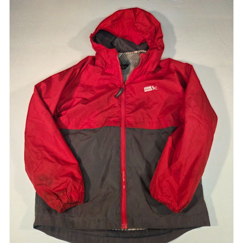 Eddie Bauer Kids Hooded Rain Jacket Fleece Lined Red Gray M 10/12